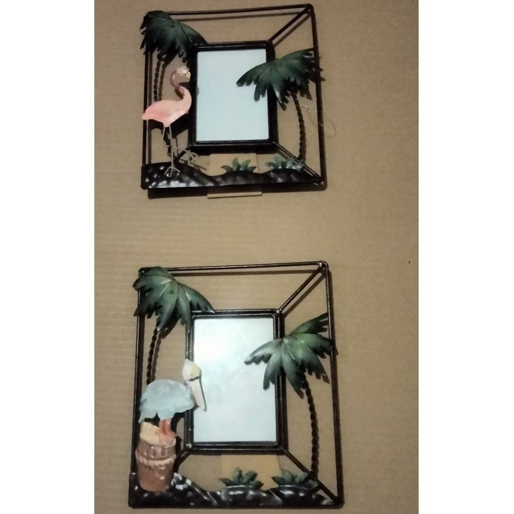 2 BEACHCOMBERS COASTAL LIFE Metal Frames DECOR WITH Tropical Flamingo Palm Trees